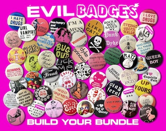 Evil Vintage Badge Bundle (25mm) – Queer, Punk, Riot Grrrl, Lesbian, Kawaii, Retro Art, Cats, Pin Up, Goth
