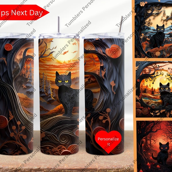 Tumblerful BlackCat Lover Gift-For Halloween Lovers, Personal Customized 20oz Traveler Tumbler, Lid-Straw, Cuteness Spooky Black Cat Gifted