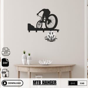 Mountainbike DXF-bestand – muurhaakrek voor helmen en uitrusting – CNC lasergesneden vector – fietsen garage decor – direct downloaden