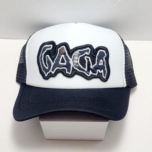 Holographic Oil Spill "GAGA" Hat - MAYHEM Era Font - Ldy Gga - Black & White Mesh Trucker Snap-back Hat - 3 Color Options -Embroidered Patch