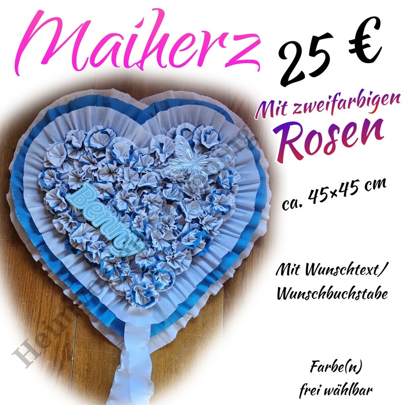 Maiherz Maibild Mai Geschenk Liebe Hochzeit Verlobung NEU Personaliesierbar Jahrestag Geburtstag Geburt Weiß/Blau Doppelrose