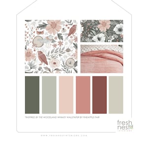 Woodland Whimsy Sherwin Williams Paint Palette - Color Palette, Color Scheme, Modern Interior Paint Colors for Home, Nursery, pink, green