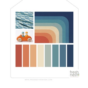 Paleta de cores retrô - Paleta de pintura profissional Sherwin Williams - Listras retrô - Esquema de cores de design de interiores, quarto infantil, azul, laranja