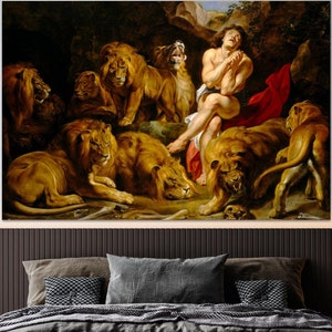 Impression sur toile de Daniel et la fosse aux lions, art mural Daniel et la fosse aux lions, grande impression sur toile, peinture classique art mural