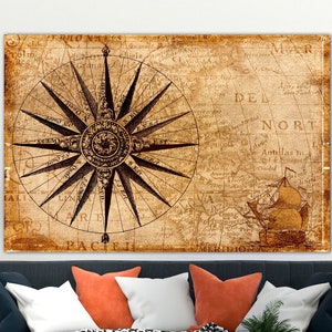 Decoração de parede de mapa-múndi náutico, tela de mapa antigo, impressão em tela grande, arte de parede de mapa náutico, mapa-múndi rústico, arte em tela de bússola náutica