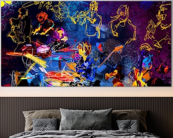 Group of People Party Wall Art, Jazz Music Canvas Art, Huge Canvas Art, People Party Scene Canvas, Jazz Band Music Abstract Canvas Print