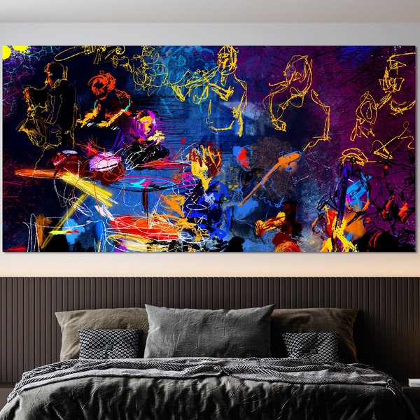 Group of People Party Wall Art, Jazz Music Canvas Art, Huge Canvas Art, People Party Scene Canvas, Jazz Band Music Abstract Canvas Print