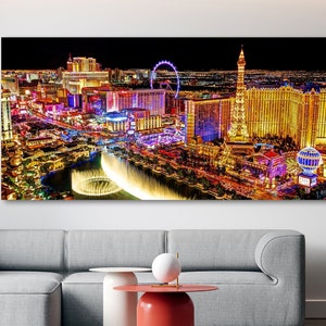 Lienzo de la ciudad de Vegas, lienzo de paisaje urbano, arte de lienzo enorme, arte de pared de luces de la ciudad, arte de pared de Las Vegas, noche de la ciudad, lienzo de casino, lienzo de rascacielos