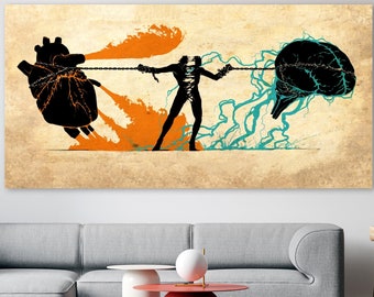 Brain vs Heart Debate Wall Art, Huge Canvas Art, Scientific Canvas, Minimalist Home Décor, Humanity Wall Art, Psychological Canvas