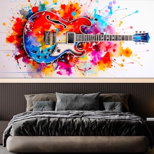 Guitar Canvas Wall Art, Abstract Colorful Guitar Canvas, Huge Canvas Art, Guitarist Gift Wall Art