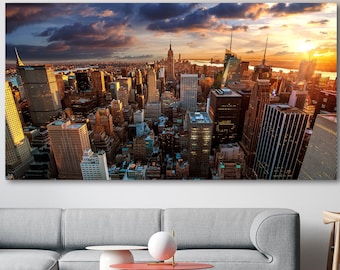 Manhattan, New York City Canvas, Cityscape Canvas, Huge Canvas Art, City Wall Art, Skycraper Wall Decor, NYC Golden Hours,NYC Sunset Canvas