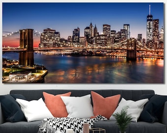 Manhattan, New York City Canvas, Cityscape Canvas, Huge Canvas Art, City Wall Art, Brooklyn Bridge, NYC, City Night, Skyscraper Canvas