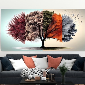 Nature Wall Art, Tree Illustration Canvas, Colorful Seasons on Tree, Huge Canvas Home Decor, Seasons Colorful Painting Canvas