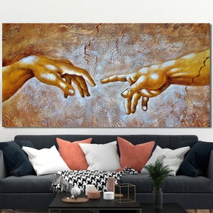 The Creation of Adam Wall Decor, Colorful Huge Canvas, Michelangelo Wall Art, Original Art on Canvas, Hands of God and Adam, Christian Art