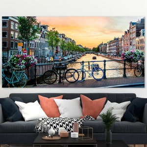 Amsterdam Canvas, Bridge Canvas, Huge Canvas Art, River Wall Art, Landscape Wall Art, Canal Wall Art, Old Bicycle Wall Art, Amsterdam Canal