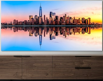 NYC Reflection Wall Art, New York City Canvas, Huge Canvas Art, View of City Wall Art, Skycraper Wall Decor, Manhattan Sunset Canvas