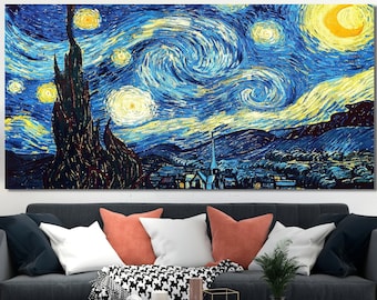 The Starry Night Wall Decor, Colorful Huge Canvas Art, Vincent Van Gogh Wall Art, Original Art on Canvas, Starry Night Canvas Art