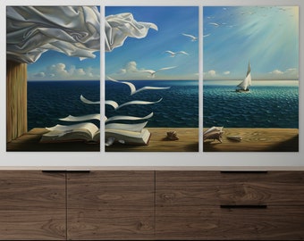 Salvador Dali Canvas, Book to Birds Canvas, Landscape Canvas, Huge Canvas Art, Fantasy Wall Art, Ocean Wall Art, Surreal Artwork by Dali
