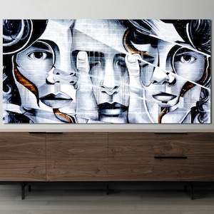 Abstract Faces Canvas, Graffiti Wall Art, Black White Canvas, Pop Art Canvas, Black&Gray Canvas, Banksy Canvas Art, Street Wall Art Canvas