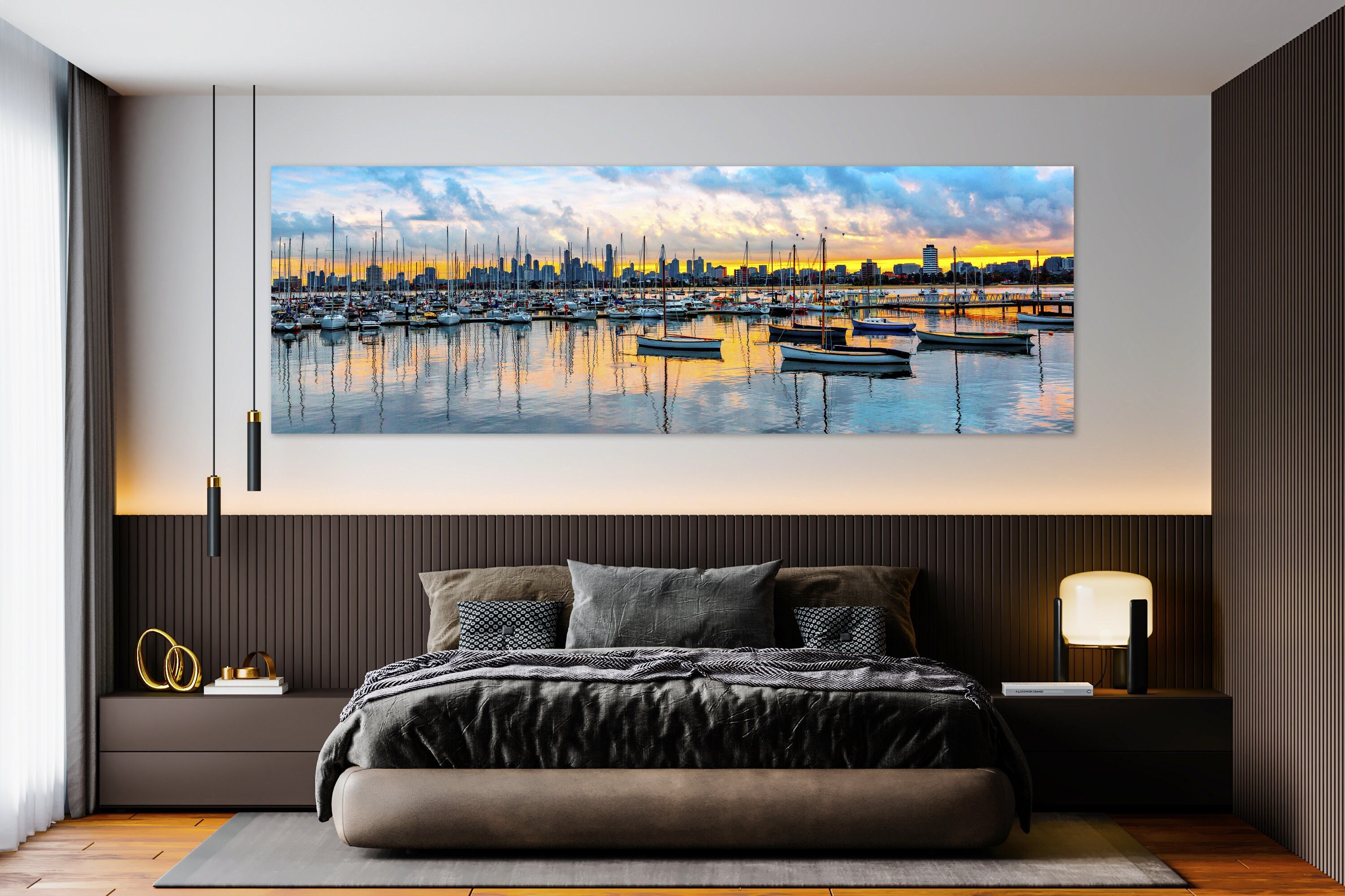 Boat Marina Wall Decor, City and Marina Canvas Wall Art, Sailboats in ...