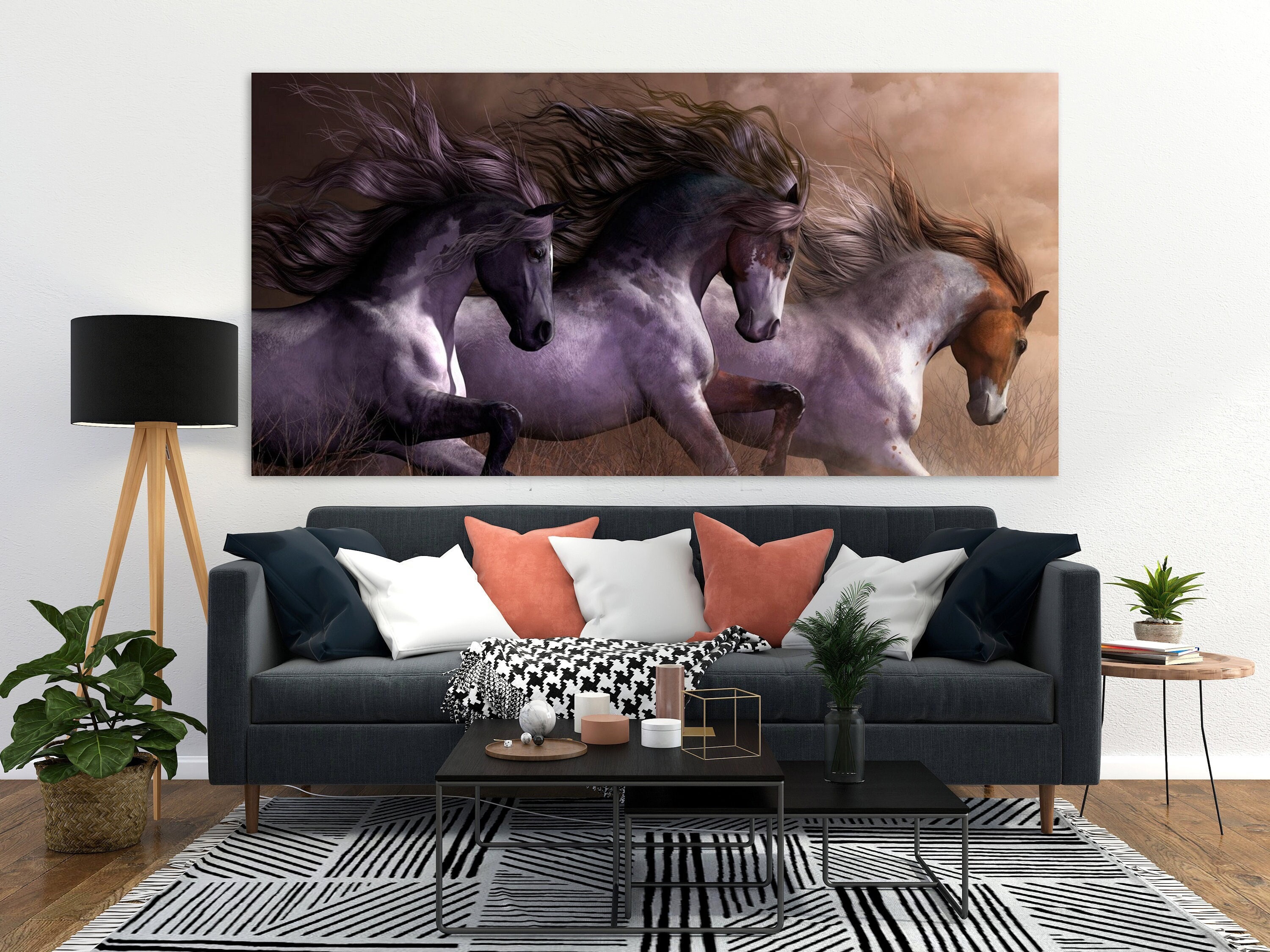 Ponies Wall Art, Native American Horses Canvas, Three Horses Wall Art, Huge Canvas Home Decor, Animal Wall Art, Horse Painting Canvas