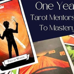 May include: Tarot card featuring a silhouette of a person holding two wands with sparkling tips against an orange and yellow background. The card is labeled "Page of Wands" and the text "One Year Tarot Mentorship To Mastery" is also visible.