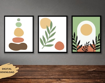 Boho Gallery Wall Art Set of 3, Printable Wall Art, Digital Prints, Mid Century Modern, Neutral Color Prints, Boho Set of 3, Boho Wall Decor
