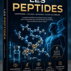 Può includere: Un libro con copertina rigida blu scuro intitolato LE GUIDE ULTIME LES PEPTIDES. La copertina presenta una struttura molecolare, la sagoma di un busto umano e una piccola fiala di vetro. Il testo include COMPRENDRE, UTILISER, OPTIMISER, ÉVITER LES ERREURS e ÉDITION 2026.