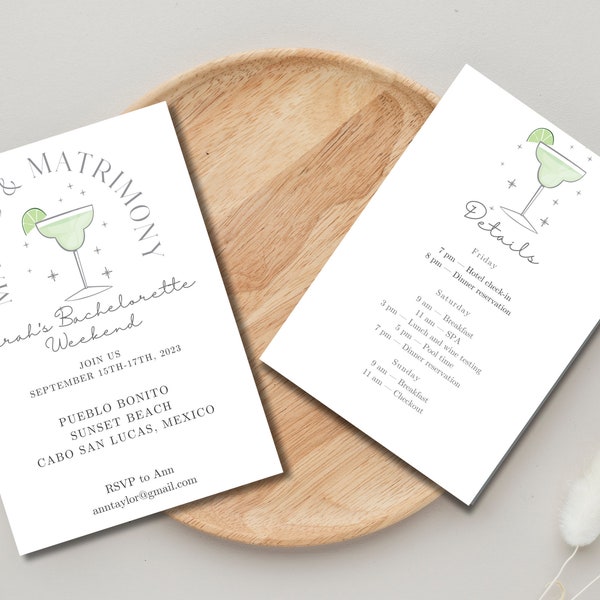 Margs and Matrimony Bachelorette Party Invitation and Itinerary Printables Bundle Editable Canva Templates Cabo, Mexico Bachelorette Party