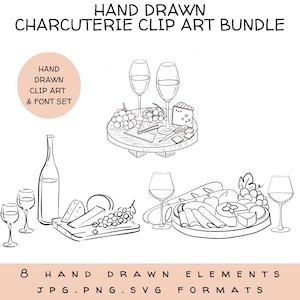 Conjunto de Clip Art para Degustação de Vinhos de Charcutaria, Ilustrações de Alimentos Desenhadas à Mão, Clipart de Garrafa de Vinho, Prato de Queijo, Ilustração de Mesa de Pastagem