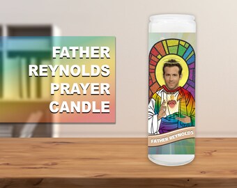 May include: A white prayer candle with a colorful image of Ryan Reynolds as a saint. The image is surrounded by a rainbow halo and the text "Father Reynolds" is at the bottom.