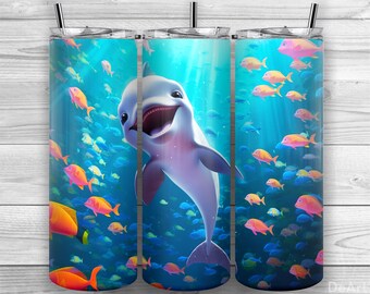 Diseño de vaso de delfines, vaso de delfines, peces, vaso flaco de 20 oz PNG, diseño de sublimación, envoltura de vaso, cónico recto, diseño 116