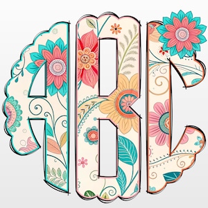 May include: Three monogram letters, A, B, and C, in a circular design. The letters are filled with a floral pattern in shades of pink, orange, yellow, and teal.