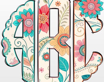 Spring Monogram PNG Bundle, Spring Flower Monogram, Floral Groovy Monogram, Retro Doodle, Easter Monogram, Round Monogram, Monogram CS22