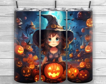 Vaso de bruja de Halloween, Bruja linda, Calabazas, Vaso flaco de 20 oz PNG, Diseño de sublimación, Envoltura de vaso, Cónico recto, Diseño 294