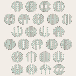 May include: A set of 26 monogram letters, A through Z, in a circle shape with a scalloped edge. Each letter is outlined in brown and filled with a light blue and white floral pattern.