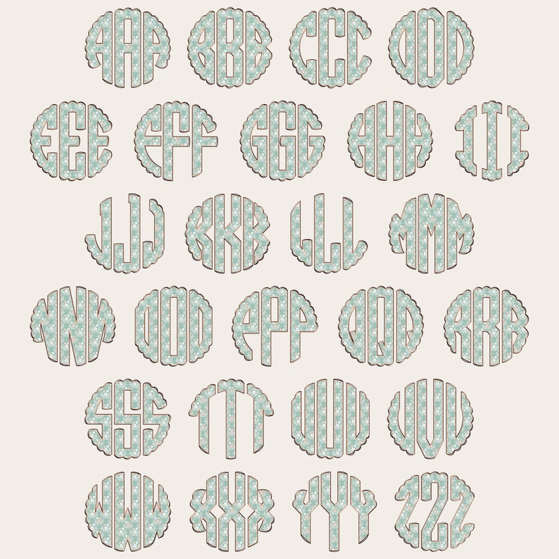 May include: A set of 26 monogram letters, A through Z, in a circle shape with a scalloped edge. Each letter is outlined in brown and filled with a light blue and white floral pattern.