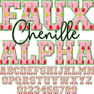 Puede incluir: Fuente Faux Chenille Alpha con un patrón de árbol de Navidad rosa y verde. El alfabeto incluye letras mayúsculas, letras minúsculas y números del 0 al 9.