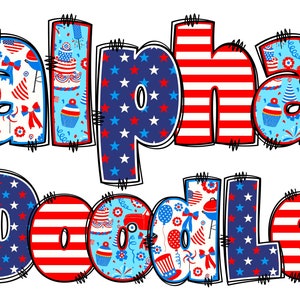 BUNDLE Patriotic Alphabet PNG, 4th of July, Independence Day, Alpha Doodle, American Doodle, Alpha Pack, July 4th Party, Stars, Doodle 6