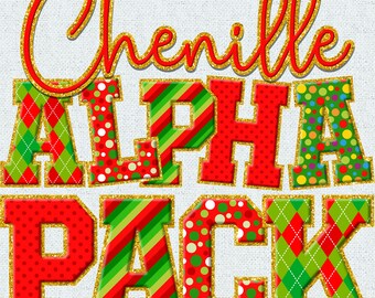Christmas Faux Chenille Letters Bundle PNG, Christmas Alphabet, Faux Chenille Patch, Alpha Doodle, Varsity Patches, Glitters, Alpha Pack 5FC