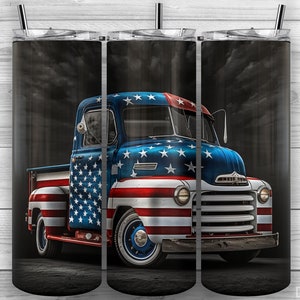 Classic American Pickup Truck, American Flag, 20oz Skinny Tumbler PNG, Sublimation Design, Tumbler Wrap, Straight Tapered, Tumbler Design 8
