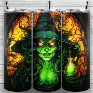 Halloween Witch Tumbler, Stained Glass Witch, 20oz Skinny Tumbler PNG, Sublimation Design, Tumbler Wrap, Straight Tapered, Design 244