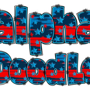 Patriotic Alphabet PNG, 4th of July, Independence Day, Alpha Doodle, PNG Letters, American Doodle, Alpha Pack, Red Blue, Stars, Doodle 12A