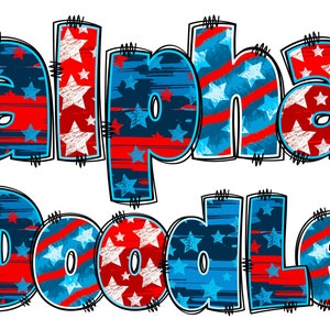 BUNDLE Patriotic Alphabet PNG, 4th of July, Independence Day, Alpha Doodle, American Doodle, Alpha Pack, US Flag, Stars, American, Doodle 12