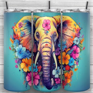 Elephant Tumbler Design, Floral Elephant, Flowers, 20oz Skinny Tumbler PNG, Sublimation Design, Tumbler Wrap, Straight Tapered, Design 37