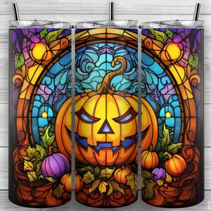 Jack-O&#39;-Lantern Tumbler, Stained Glass Scary Wolf, 20oz Skinny Tumbler PNG, Sublimation Design, Tumbler Wrap, Straight Tapered, Design 285