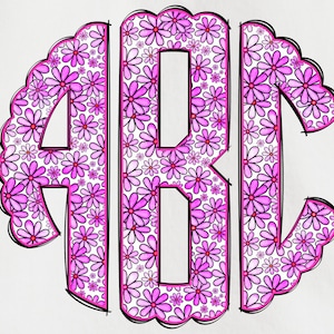 Spring Monogram PNG, Flower Monogram, Spring Floral Monogram, Alpha Doodle, Doodle Monogram, Round Monogram, Circle Scalloped Monogram 3C