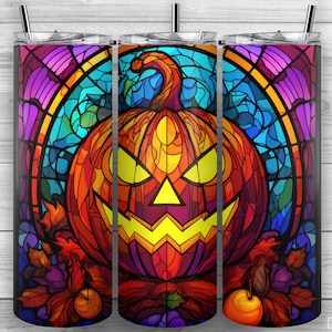 Jack-O&#39;-Lantern Tumbler, Stained Glass Pumpkin, 20oz Skinny Tumbler PNG, Sublimation Design, Tumbler Wrap, Straight Tapered, Design 258