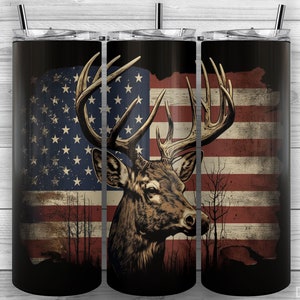 Deer Hunting Bandeira americana dos EUA, patriótico, copo magro de 20 onças PNG, design de sublimação, envoltório de copo, cônico reto, design de copo 3
