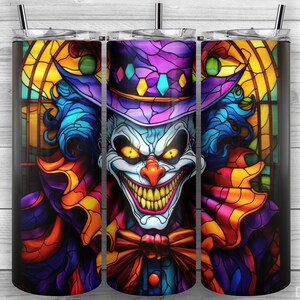 Copo de palhaço assustador, palhaço assustador de vitral, copo magro de 20 onças PNG, design de sublimação, envoltório de copo, cônico reto, design 261